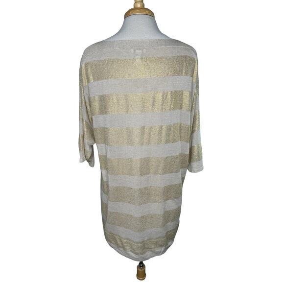CHICOS Gold Tan Stripe Linen Blend Short Sleeve Relaxed Knit Top Size Large (2) - Picture 3 of 9
